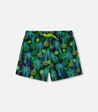 Stylish Swim Trunks for Boys – Green Jungle Print on Black by Deux par Deux | Comfortable & UV Protected for Summer Fun
