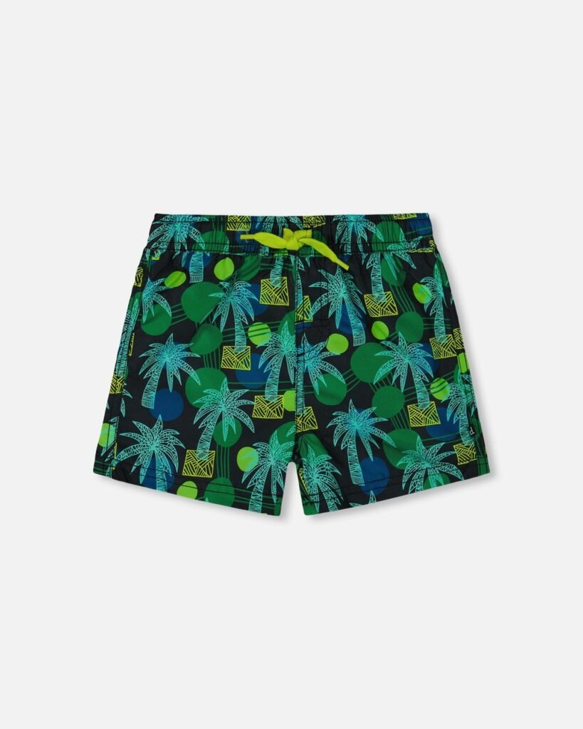 Stylish Swim Trunks for Boys – Green Jungle Print on Black by Deux par Deux | Comfortable & UV Protected for Summer Fun