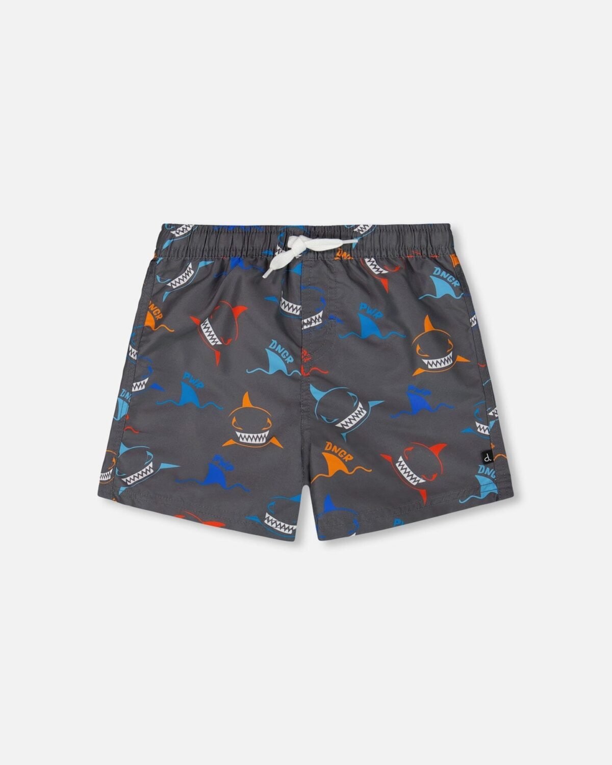 Printed Boardshorts for Boys – Bold Shark Pattern in Orange, Red & Blue on Gray by Deux par Deux | Fun & Eco-Friendly Swimwear