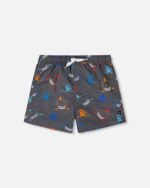 Printed Boardshorts for Boys – Bold Shark Pattern in Orange, Red & Blue on Gray by Deux par Deux | Fun & Eco-Friendly Swimwear