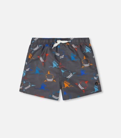 Printed Boardshorts for Boys – Bold Shark Pattern in Orange, Red & Blue on Gray by Deux par Deux | Fun & Eco-Friendly Swimwear