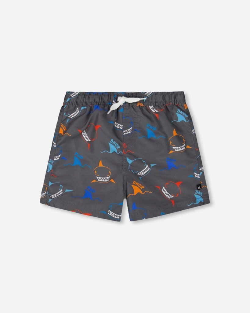 Printed Boardshorts for Boys – Bold Shark Pattern in Orange, Red & Blue on Gray by Deux par Deux | Fun & Eco-Friendly Swimwear