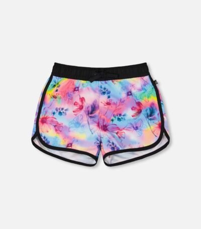 Printed Swim Shorts for Girls – Vibrant Butterflies on Multicolored & Black Background by Deux par Deux