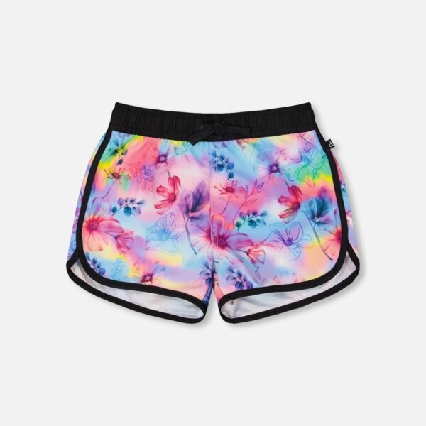 Printed Swim Shorts for Girls – Vibrant Butterflies on Multicolored & Black Background by Deux par Deux