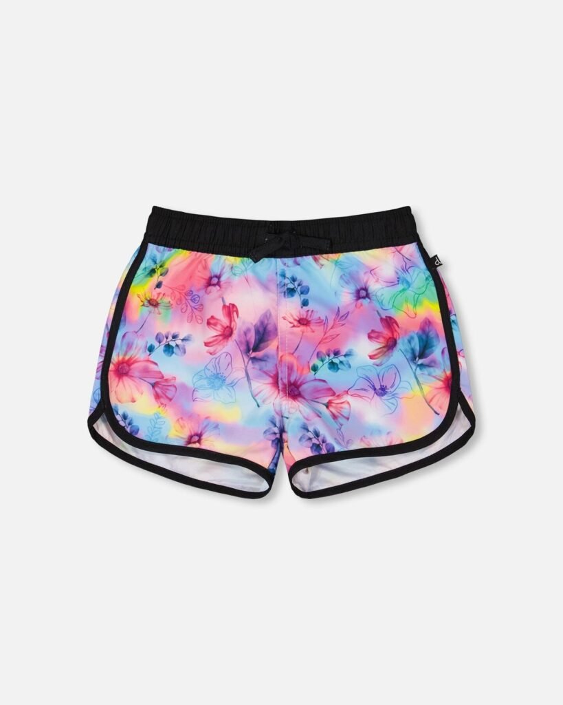 Printed Swim Shorts for Girls – Vibrant Butterflies on Multicolored & Black Background by Deux par Deux