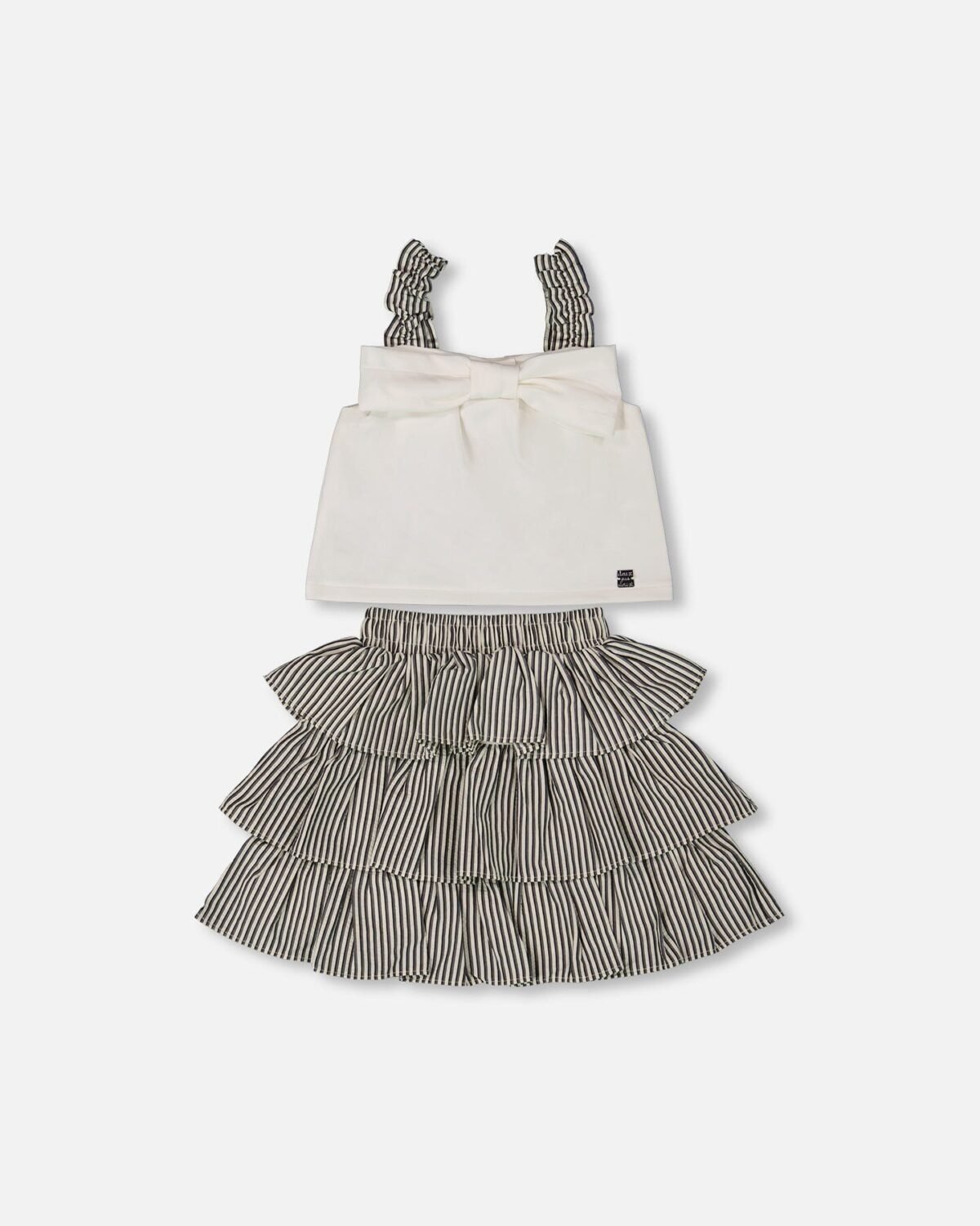 Chic Bow Top and Ruffled Skirt Set for Girls – White & Black Striped | Stylish & Playful Outfit by Deux par Deux