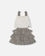 Chic Bow Top and Ruffled Skirt Set for Girls – White & Black Striped | Stylish & Playful Outfit by Deux par Deux