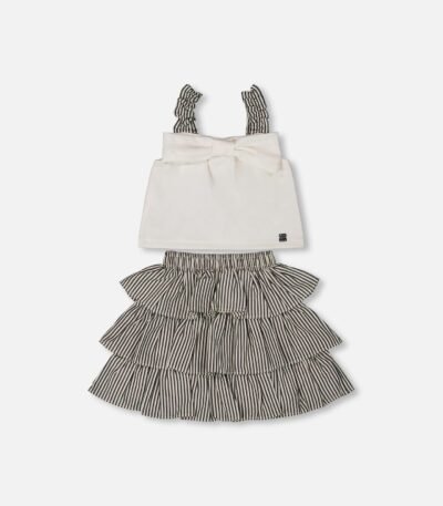 Chic Bow Top and Ruffled Skirt Set for Girls – White & Black Striped | Stylish & Playful Outfit by Deux par Deux