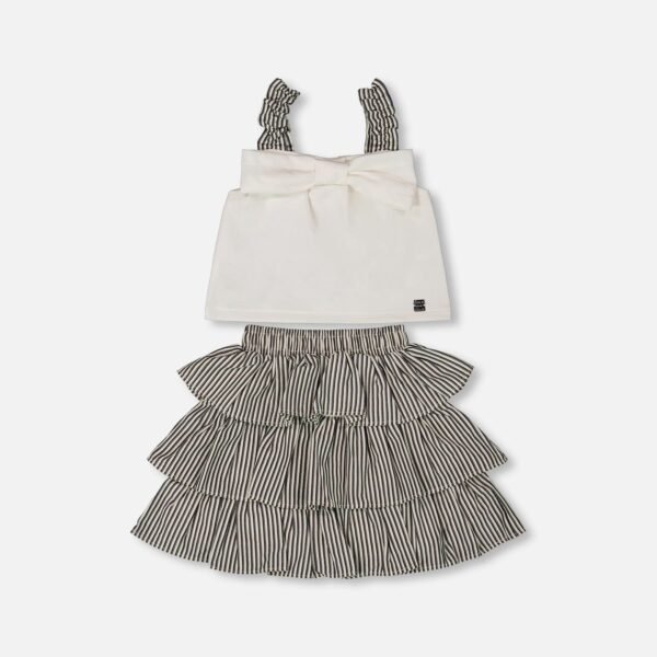 Chic Bow Top and Ruffled Skirt Set for Girls – White & Black Striped | Stylish & Playful Outfit by Deux par Deux