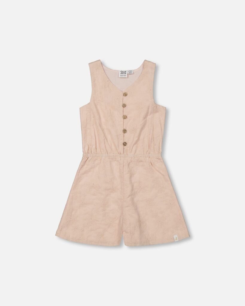 Stylish Sleeveless Eyelet Romper for Girls – Beige Cotton Romper by Deux par Deux | Comfortable & Versatile Kids Fashion