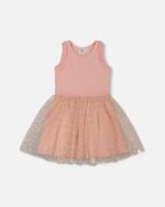 Chic Girls Bi-Material Dress with Mesh Skirt – Warm Old Pink by Deux par Deux | Elegant & Playful Kids Fashion