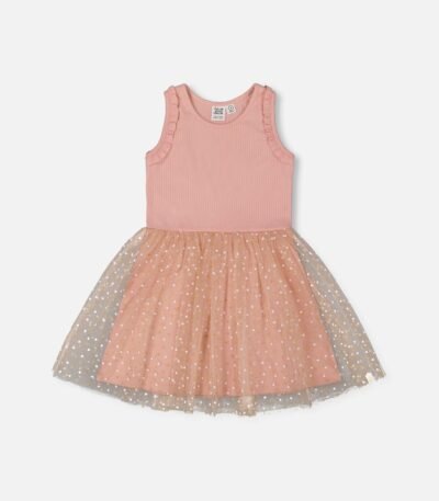 Chic Girls Bi-Material Dress with Mesh Skirt – Warm Old Pink by Deux par Deux | Elegant & Playful Kids Fashion