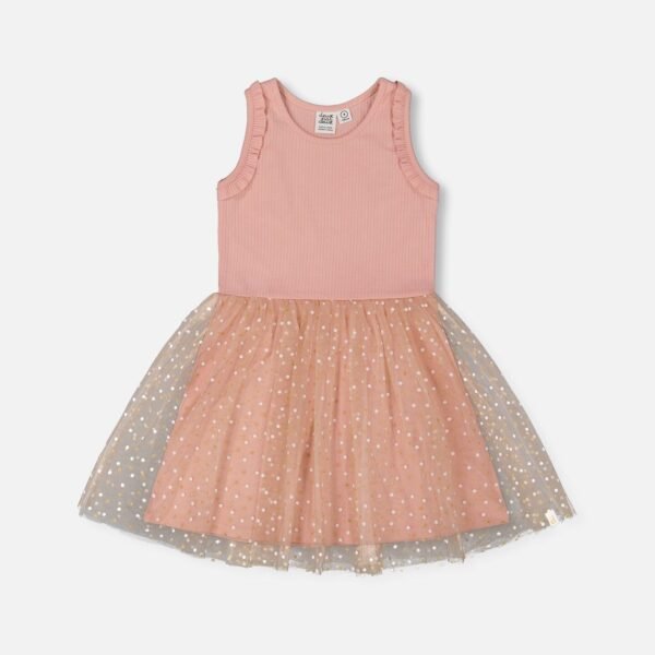 Chic Girls Bi-Material Dress with Mesh Skirt – Warm Old Pink by Deux par Deux | Elegant & Playful Kids Fashion