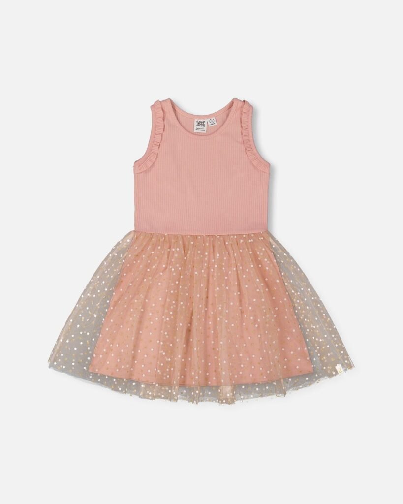 Chic Girls Bi-Material Dress with Mesh Skirt – Warm Old Pink by Deux par Deux | Elegant & Playful Kids Fashion