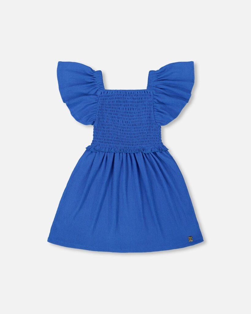 Girls Textured Smocked Dress – Royal Blue by Deux par Deux | Elegant & Comfortable Party Wear for Kids