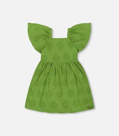 Frill Sleeve Embroidered Dress – Green by Deux par Deux | Charming, Soft & Elegant Girls Dress