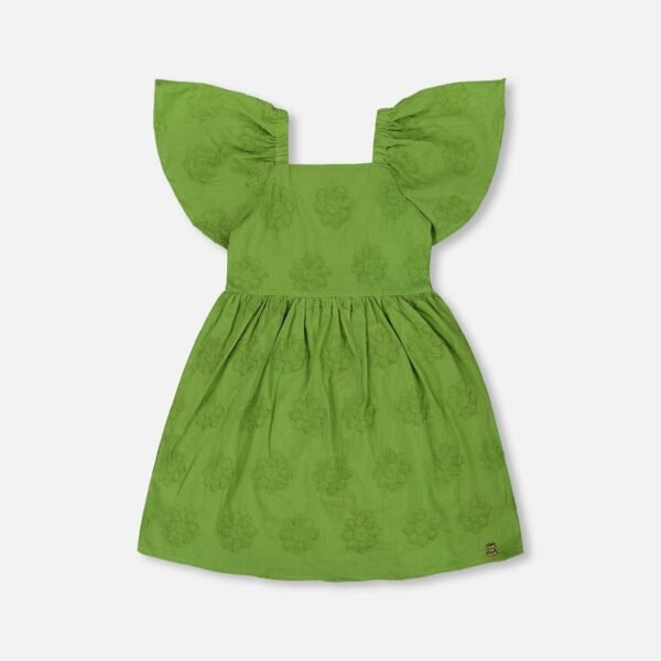 Frill Sleeve Embroidered Dress – Green by Deux par Deux | Charming, Soft & Elegant Girls Dress