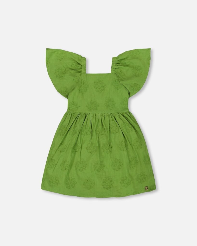 Frill Sleeve Embroidered Dress – Green by Deux par Deux | Charming, Soft & Elegant Girls Dress