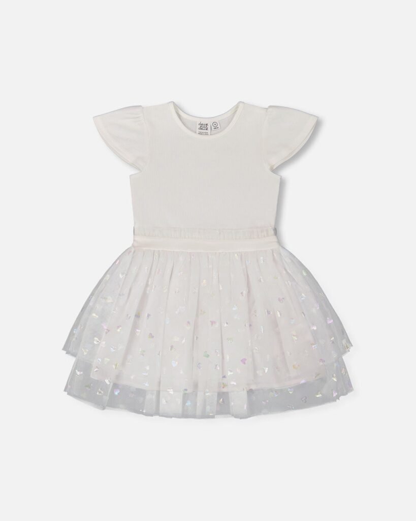 Bi-Material Glitter Hearts Dress for Girls – Snow White by Deux par Deux | Sparkly & Elegant Occasion Wear