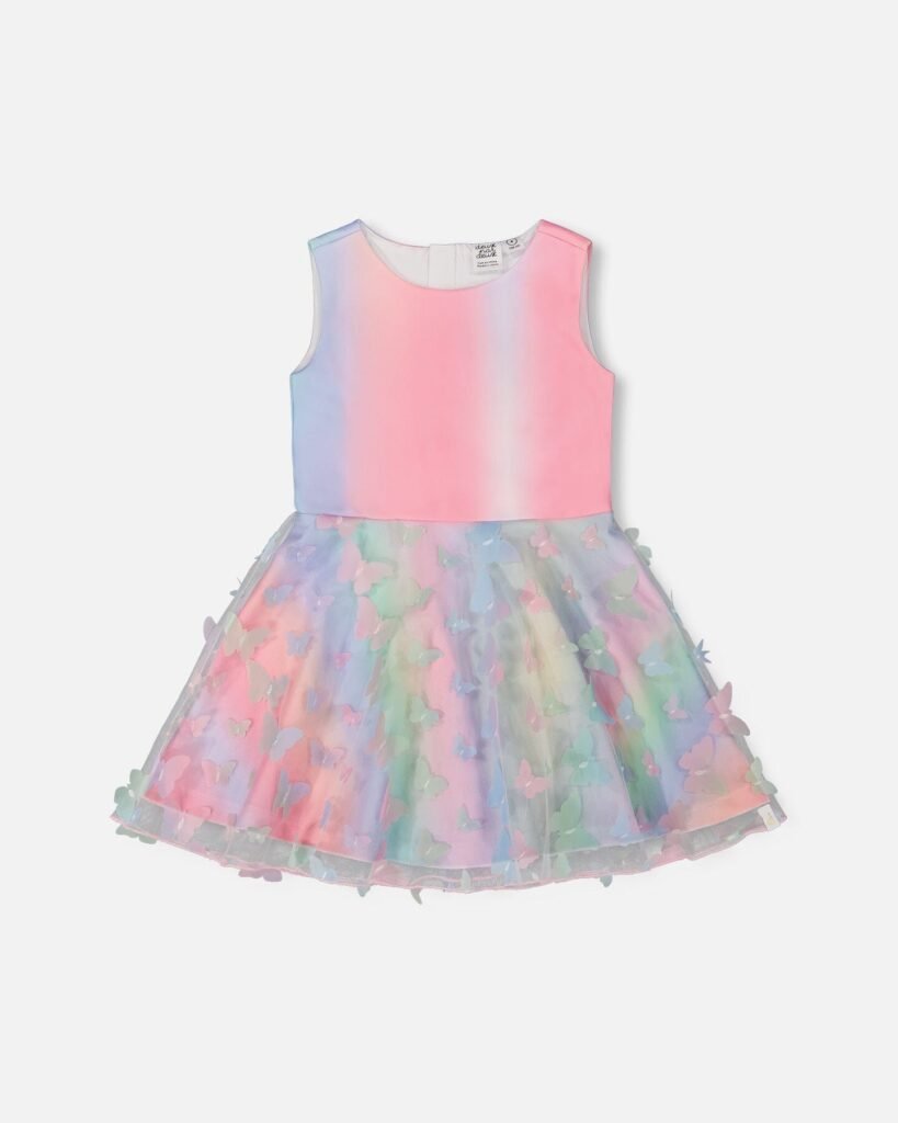 Whimsical Milano Dress With Mesh Skirt – Multicolored Butterflies by Deux par Deux | Elegant & Playful Girls Outfit