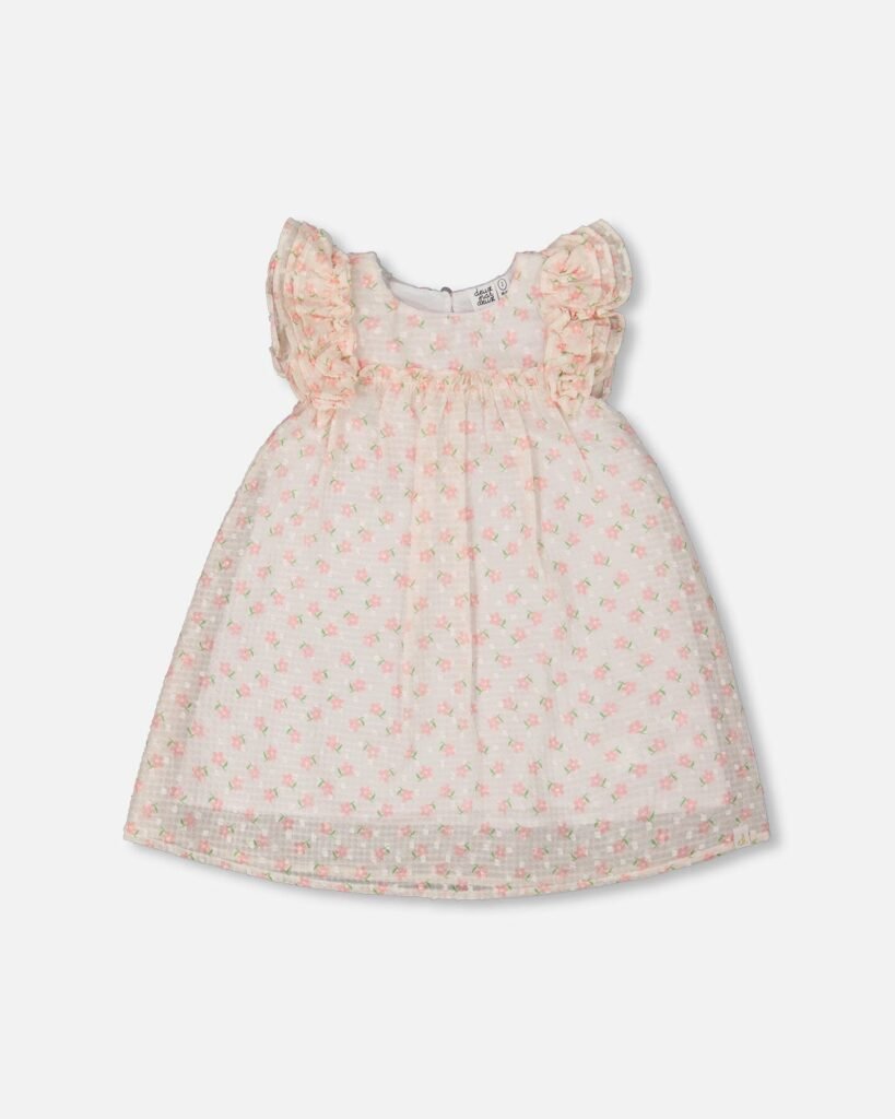 Printed Floral Frill Dress for Girls by Deux par Deux – Pale Pink with Delicate Flower Print | Stylish & Comfortable Kids Dress