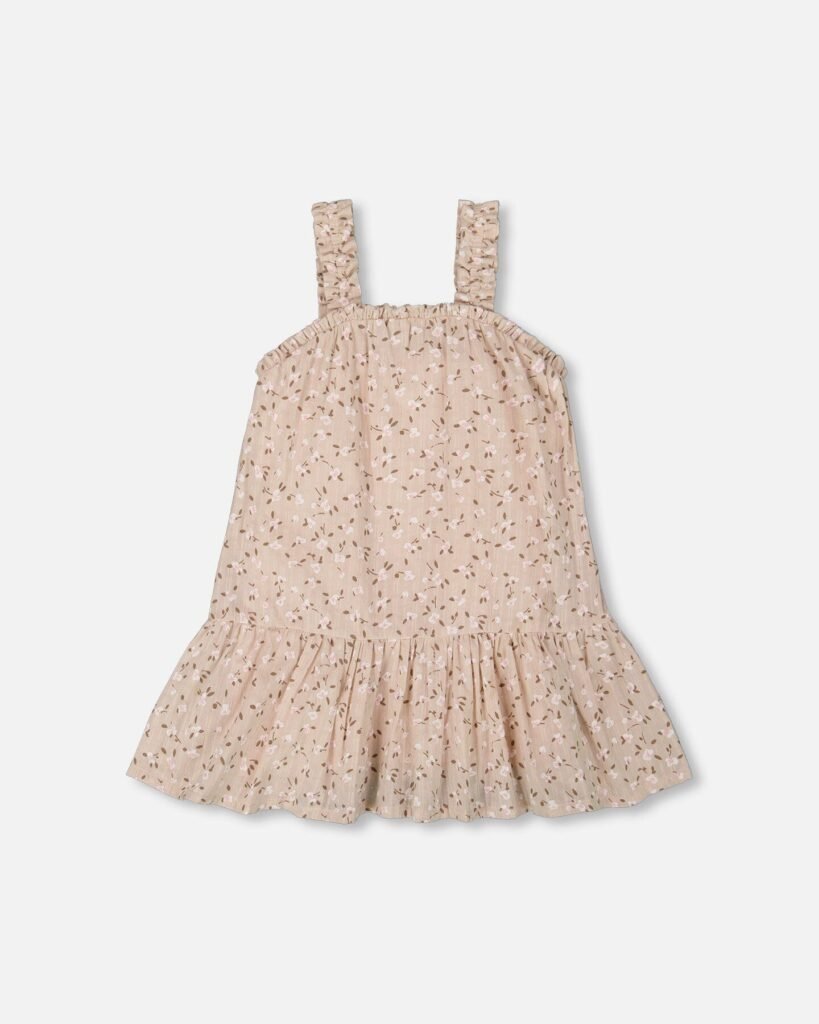 Charming Girls Eyelet Cotton Dress – Beige Floral by Deux par Deux | Soft, Stylish & Breathable Summer Outfit