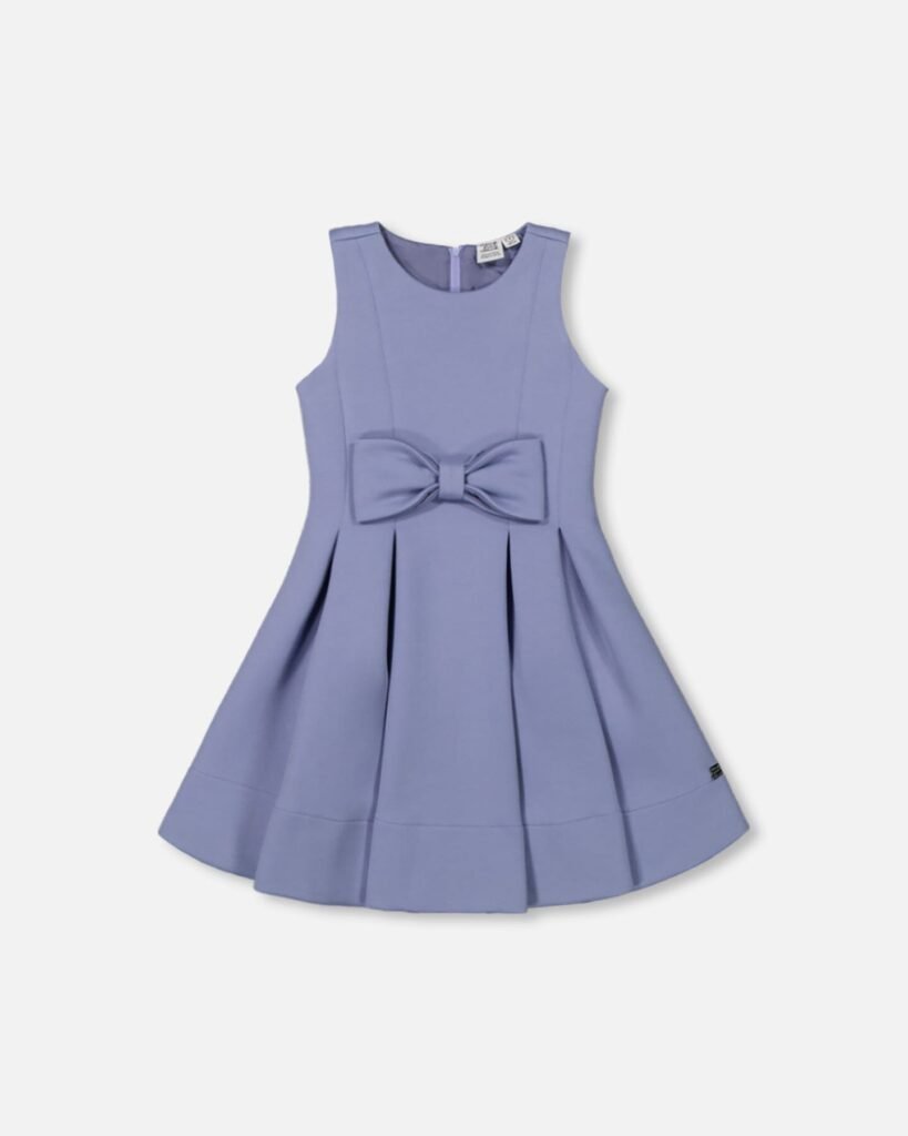 Chic Girls Neoprene Bow Dress – Old Blue Elegance by Deux par Deux | Perfect for Parties & Special Occasions
