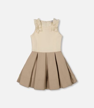 Girls Neoprene Pleated Dress by Deux par Deux | Elegant Off-White & Beige Ruffle Party Dress
