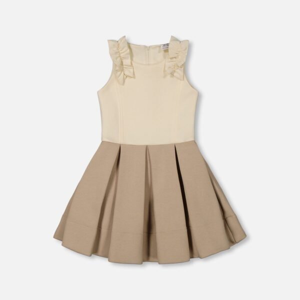 Girls Neoprene Pleated Dress by Deux par Deux | Elegant Off-White & Beige Ruffle Party Dress