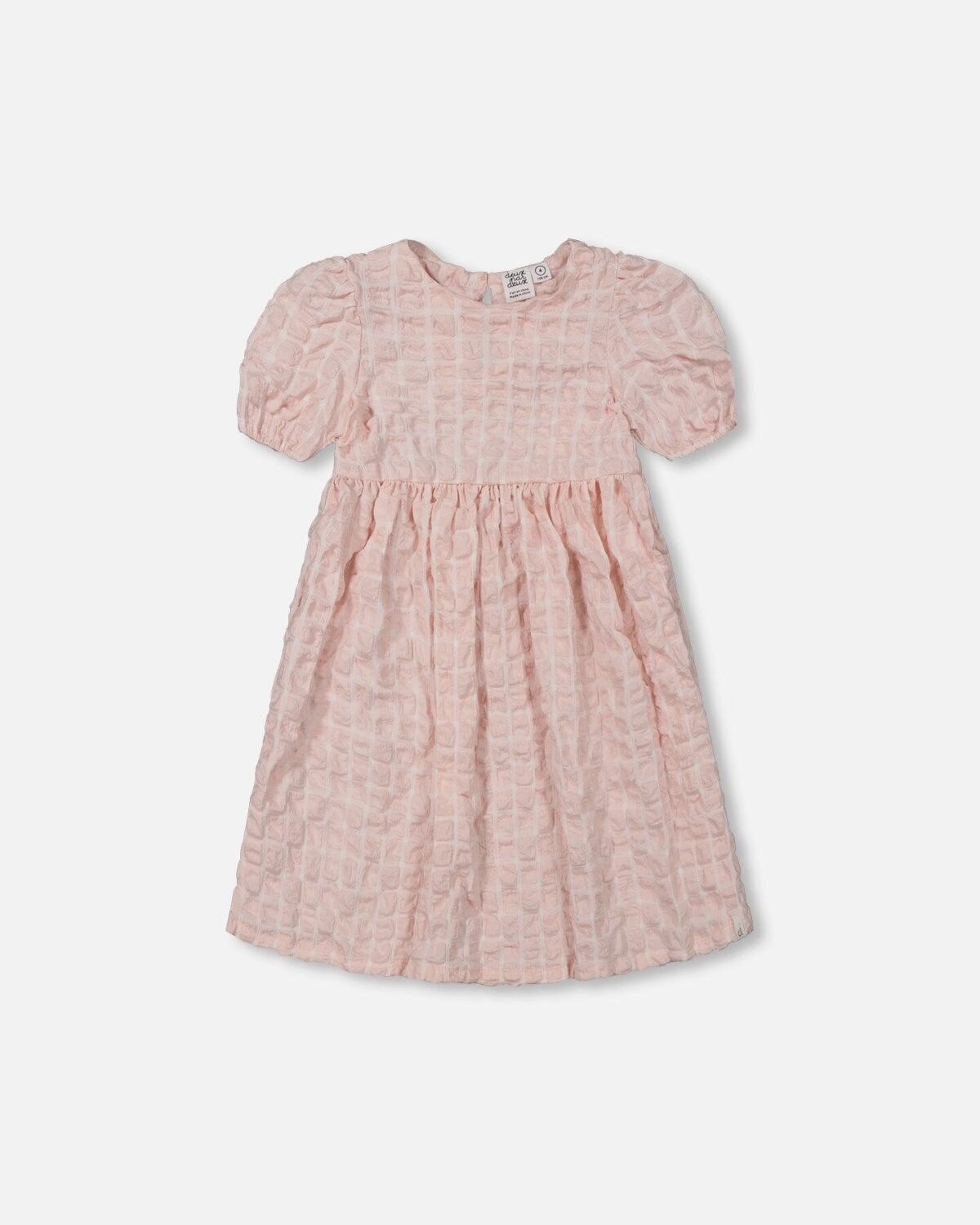 Girls Plaid Puff Sleeve Dress – Beige and Pink by Deux par Deux | Stylish & Comfortable Kids Clothing