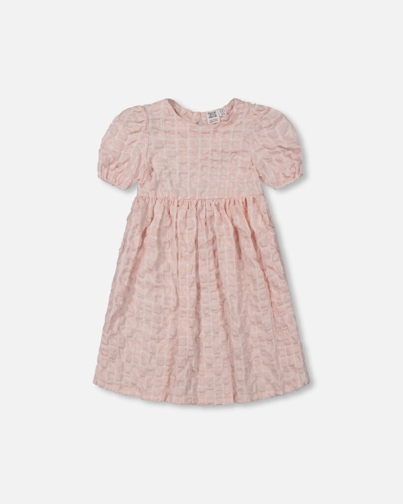 Girls Plaid Puff Sleeve Dress – Beige and Pink by Deux par Deux | Stylish & Comfortable Kids Clothing
