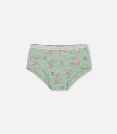 Organic Cotton Boyshort Panty for Girls – Small Pink & Blue Flowers on Light Sage by Deux par Deux | Soft, Stylish & Eco-Friendly Kids Underwear