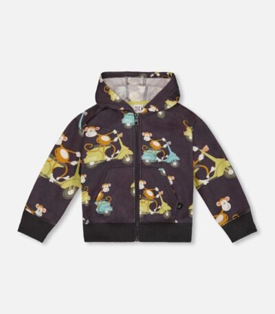 Playful Printed Hooded Cardigan Sweatshirt for Kids – Monkey on Moped by Deux par Deux | Cozy, Full-Zip French Terry Hoodie