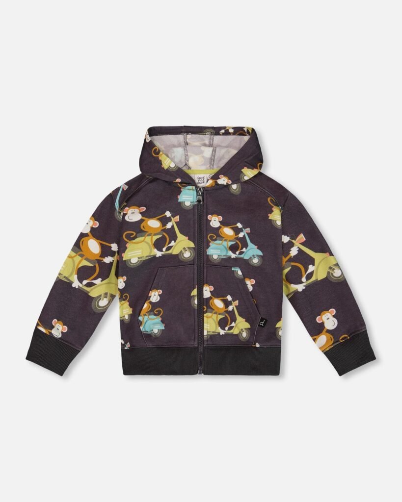 Playful Printed Hooded Cardigan Sweatshirt for Kids – Monkey on Moped by Deux par Deux | Cozy, Full-Zip French Terry Hoodie
