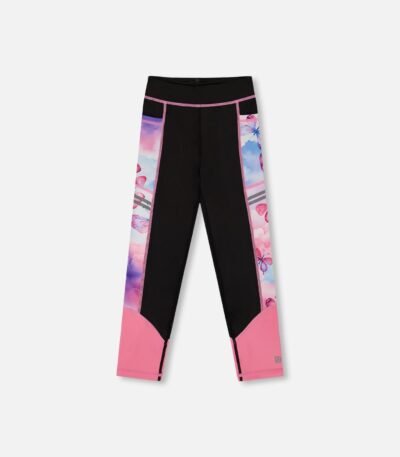 Power-Stretch Girls Colorblock Athletic Leggings – Black & Multicolored Butterflies by Deux par Deux | Stylish & Eco-Friendly Activewear