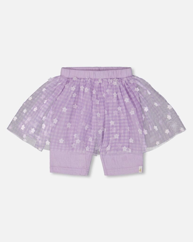 Chic Girls Crinkle Biker Short with Mesh Skirt – Lilac Floral Overlay by Deux par Deux | Stylish & Comfy Kidswear