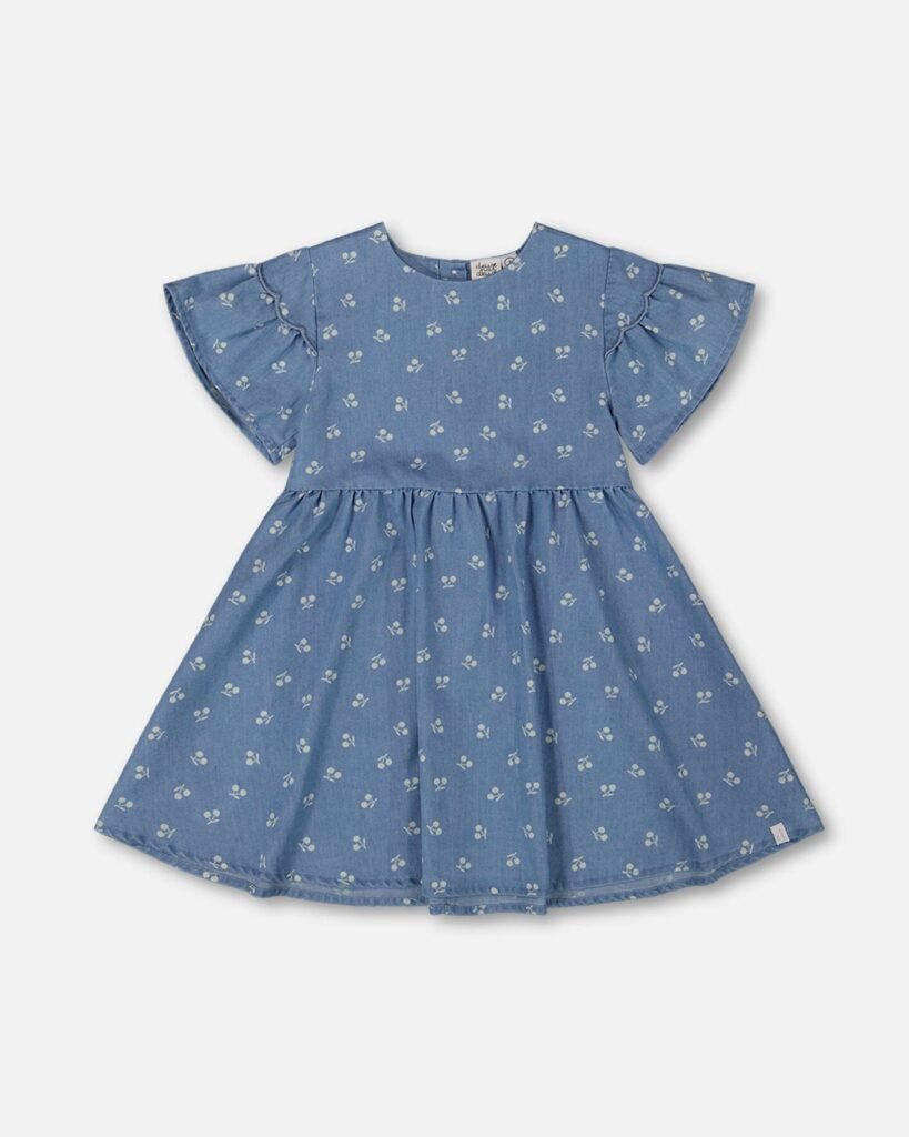 Charming Girls Chambray Dress – Blue and White Cherries by Deux par Deux | Soft, Stylish & Perfect for Summer