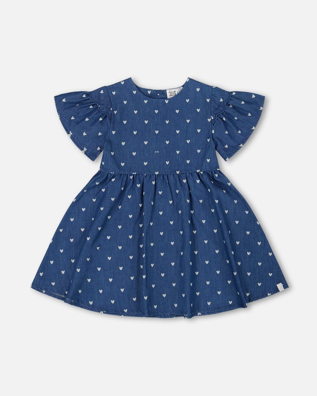 Charming Girls Printed Chambray Dress with Hearts – Navy Blue by Deux par Deux | Stylish & Comfortable Kids' Wear