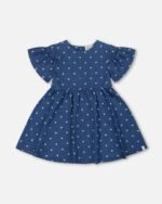 Charming Girls Printed Chambray Dress with Hearts – Navy Blue by Deux par Deux | Stylish & Comfortable Kids' Wear