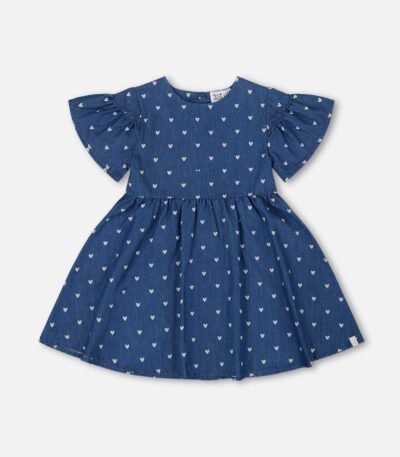 Charming Girls Printed Chambray Dress with Hearts – Navy Blue by Deux par Deux | Stylish & Comfortable Kids' Wear