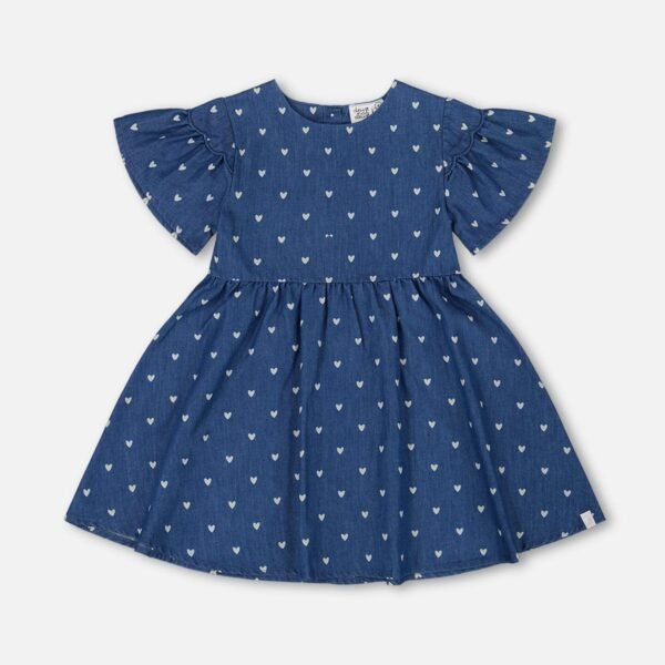 Charming Girls Printed Chambray Dress with Hearts – Navy Blue by Deux par Deux | Stylish & Comfortable Kids' Wear