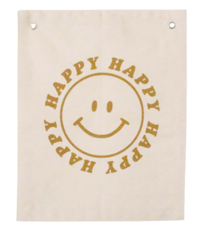 'Happy Face' Banner – Minimalist Wall Hanging for Kids Room, Nursery or Playroom – Natural Cotton Blend Fabric with Black Lettering – Modern Smiley Face Decor Gift