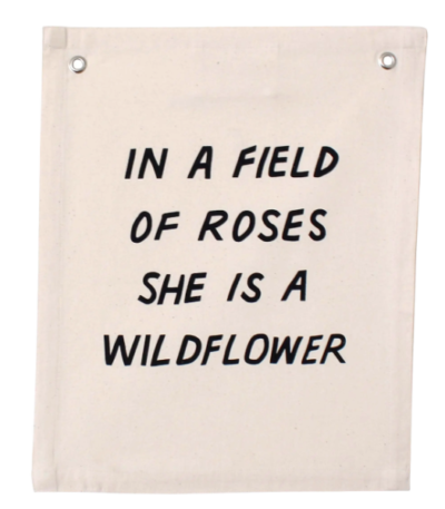 'In a Field of Roses' Banner – Boho Wall Hanging for Girls Room, Nursery or Playroom – Natural Cotton Blend Fabric – Inspirational Kids Room Decor or Baby Shower Gift