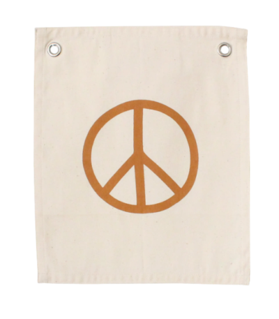 'Peace' Banner – Boho Wall Hanging for Nursery, Kids Room, or Playroom – Natural Cotton Blend Fabric with Rust Colored Peace Sign – Calm & Mindful Decor Gift