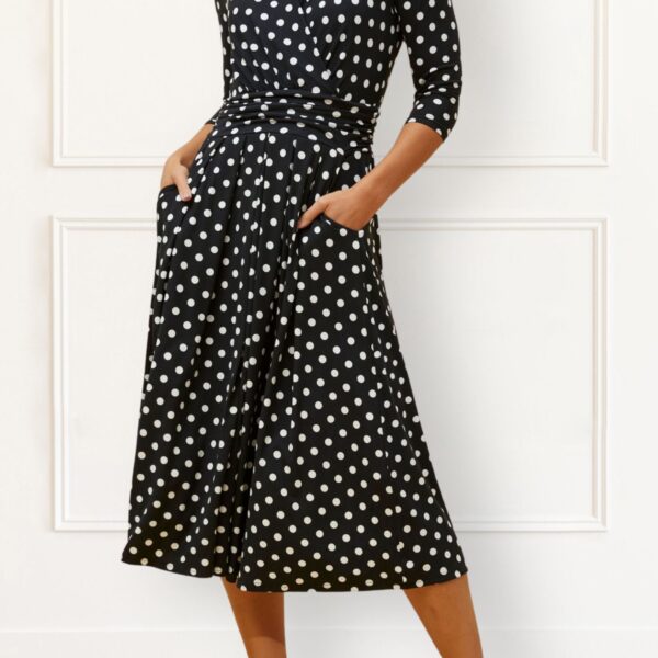 Evelyn Polka Dot Wrap Midi Dress 3/4 Sleeve V-Neck Pockets Elegant